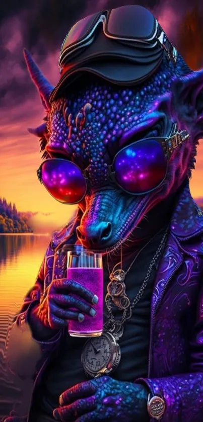 Stylish alien in neon colors with sunglasses, sunset backdrop.