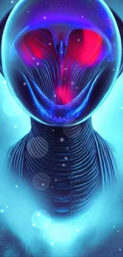 Futuristic alien artwork in blue and red hues, showcasing digital sci-fi design.