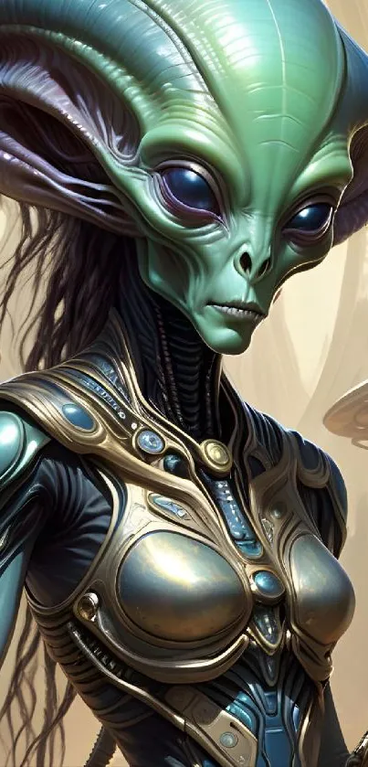 Futuristic alien with intricate armor in a sci-fi setting.