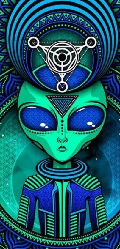 Teal and blue alien artwork mobile wallpaper, intricate and vibrant design.