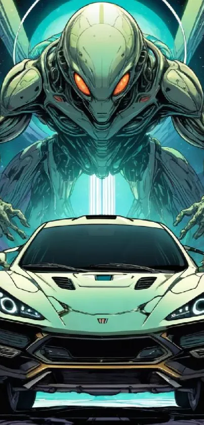 Futuristic car with alien in background, vibrant sci-fi design.