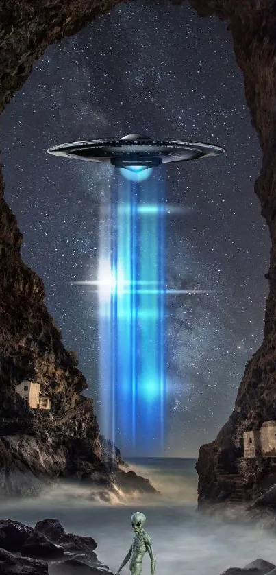 UFO hovers over an alien landscape in a mysterious cave under the stars.