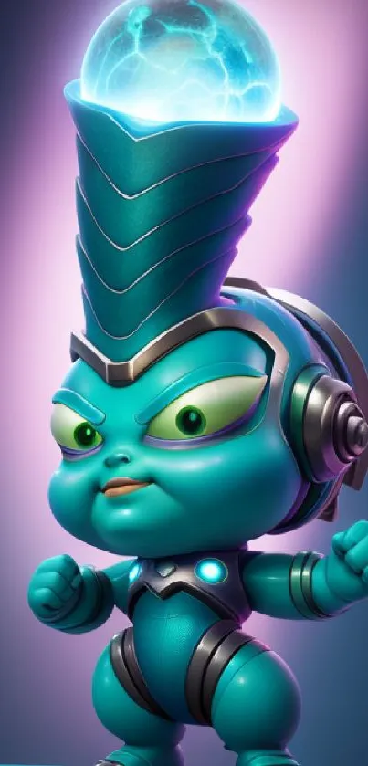 Futuristic alien character with glowing orb.