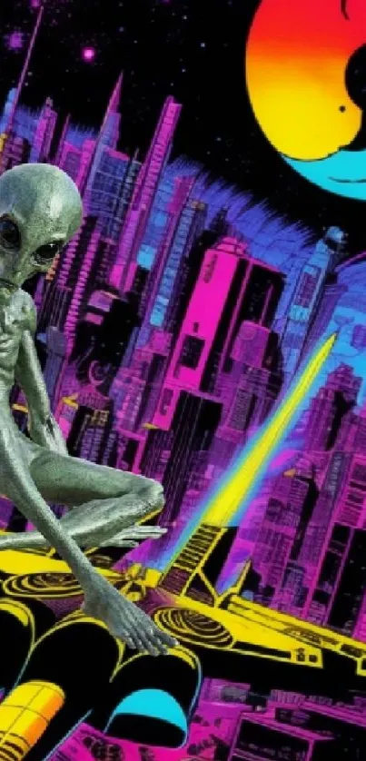 Futuristic neon alien cityscape with an alien figure.