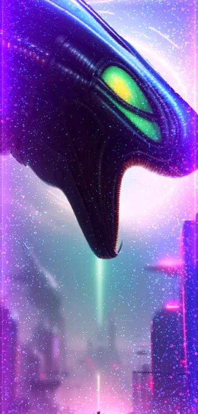 Futuristic alien head with neon lights and a city backdrop.