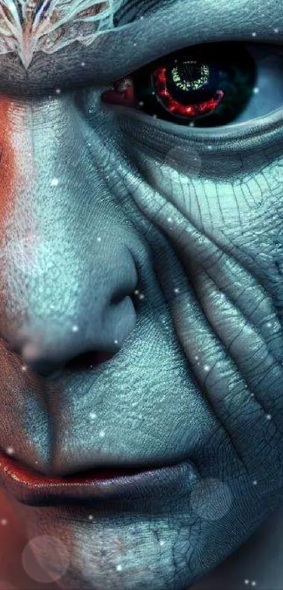 Close-up of a futuristic alien with detailed textures and digital elements.