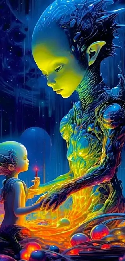 Futuristic alien digital art with vibrant neon colors and cosmic imagery.