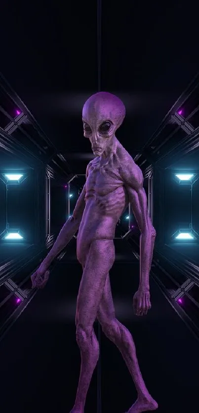 Futuristic alien corridor with neon lights and an extraterrestrial figure.