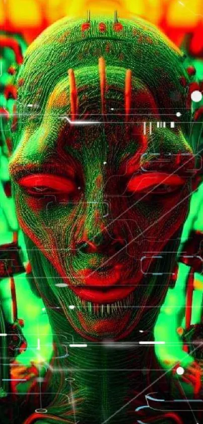 Futuristic alien cyberpunk wallpaper design with neon green hues.