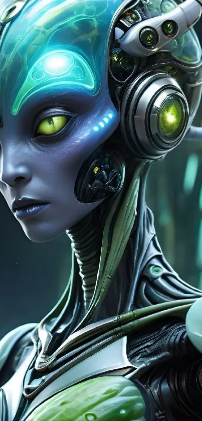 Futuristic alien with glowing technology features.