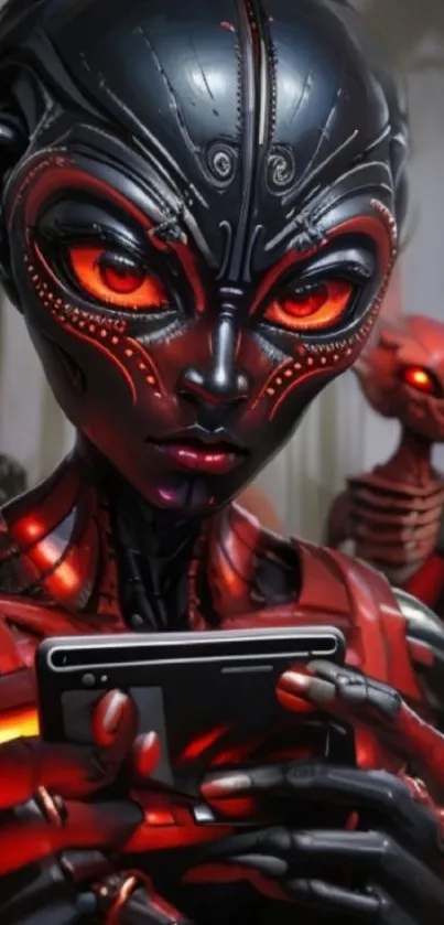 Futuristic alien art with glowing red highlights.