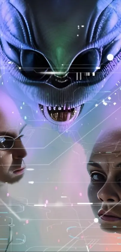 Futuristic alien encounter with digital sci-fi elements.