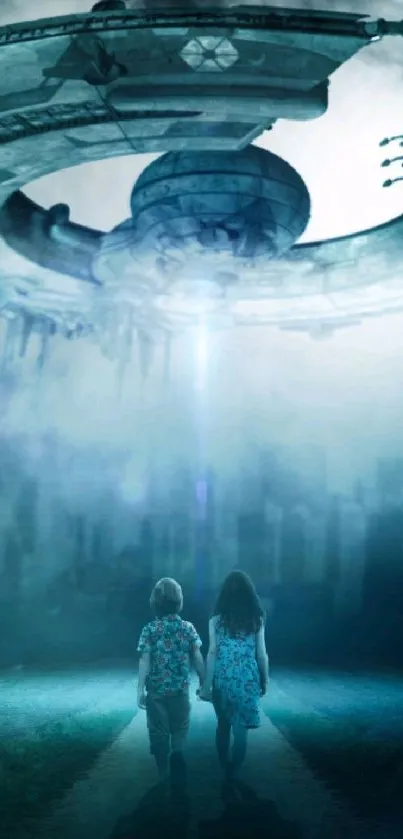 Children standing under a massive alien spaceship with a bright light beam in the mist.