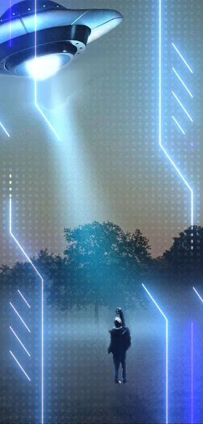 Futuristic alien encounter with neon blue light in a misty field.