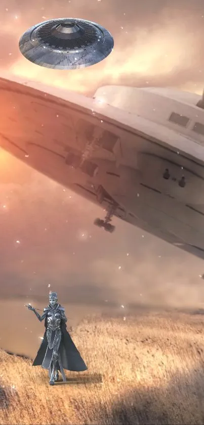Alien and spaceship in cosmic landscape wallpaper