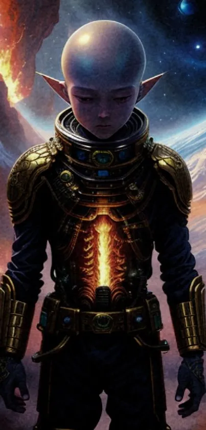 Alien figure in space with fiery backdrop and golden armor.
