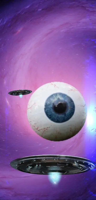 Surreal alien eye with UFOs in space.