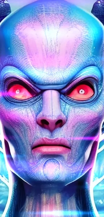 Vibrant futuristic alien face with neon blue and pink tones.