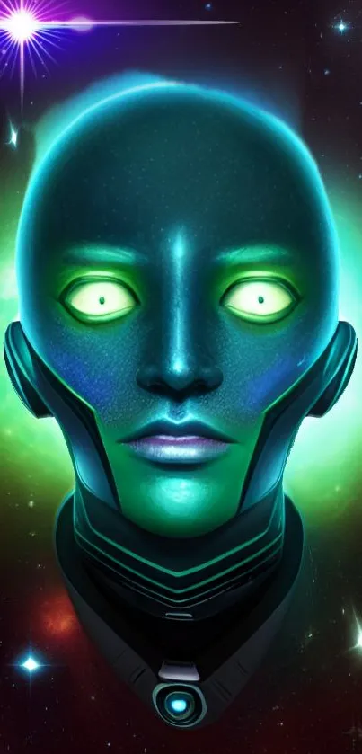 Futuristic neon alien face with cosmic background.