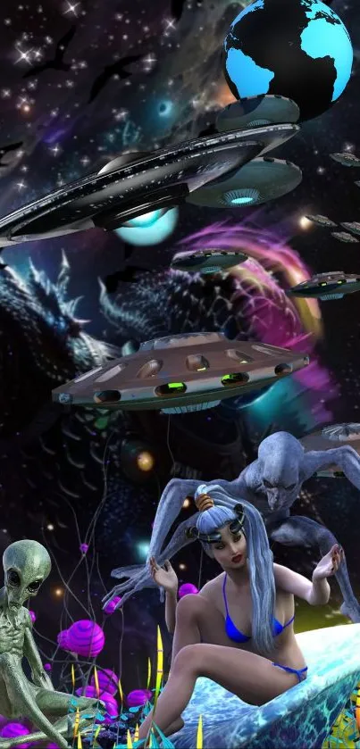 Alien invasion scene with spaceships and mystical beings.