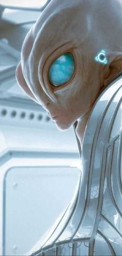 Futuristic alien with blue eyes in high-tech setting.