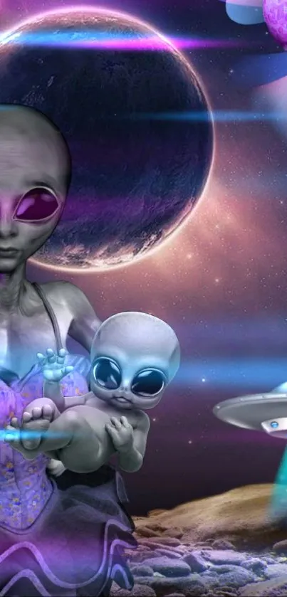 Alien mother and child in a cosmic galaxy with planets and UFOs.