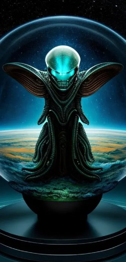 Futuristic alien figure inside a glowing globe with cosmic background.