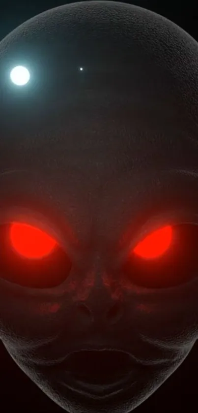 Futuristic alien with glowing red eyes on a dark background.