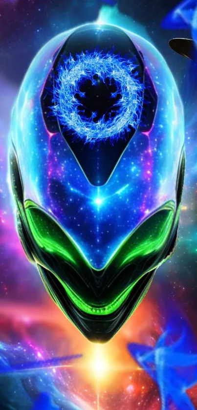 Futuristic alien head with vivid colors and cosmic background.