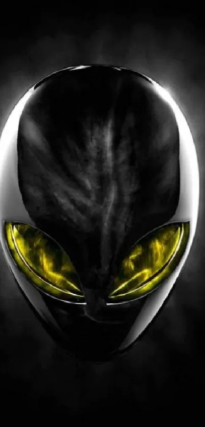 Futuristic black alien head with yellow eyes on a dark background.