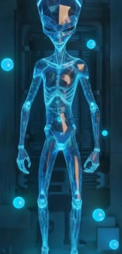 Blue translucent alien hologram with glowing elements.