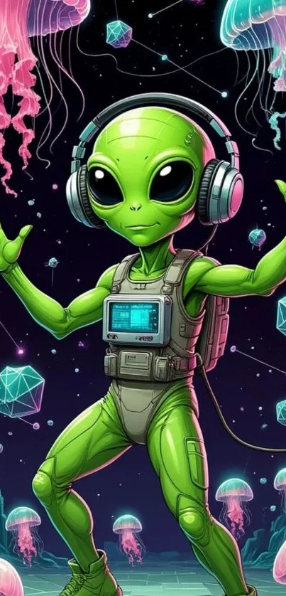 Futuristic alien with headphones and glowing jellyfish in space.