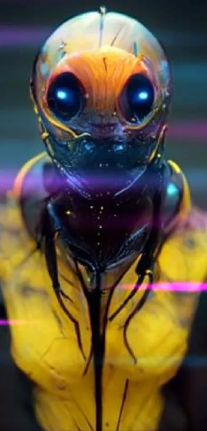 Futuristic alien insect artwork in vibrant yellow hues.