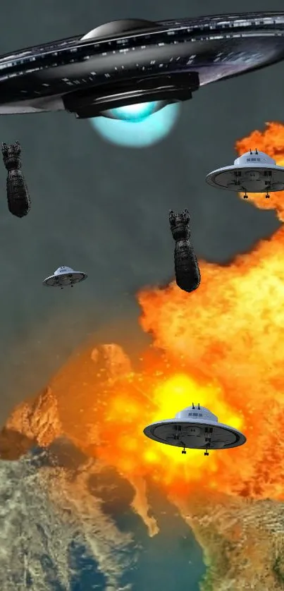 Alien spaceships approaching Earth amidst fiery explosions.