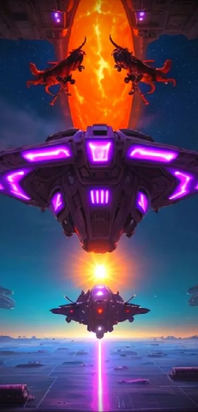 Futuristic alien invasion scene with vivid purple hues and spaceships.