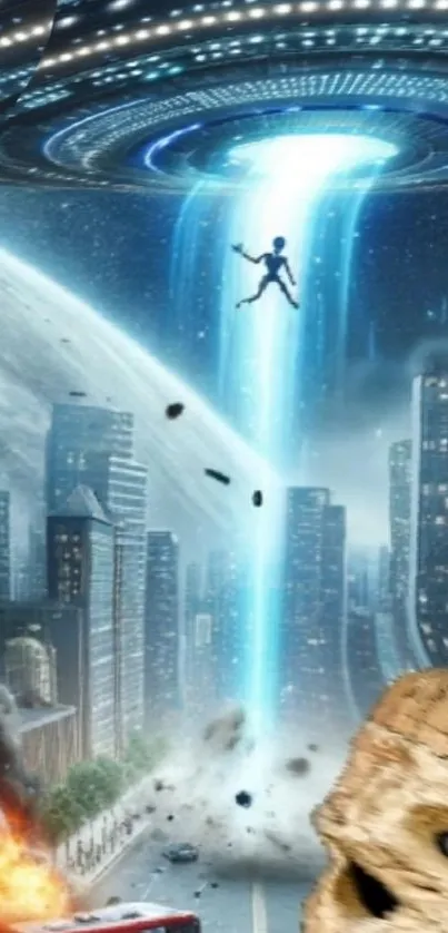 Futuristic alien invasion over a cityscape with spaceship.