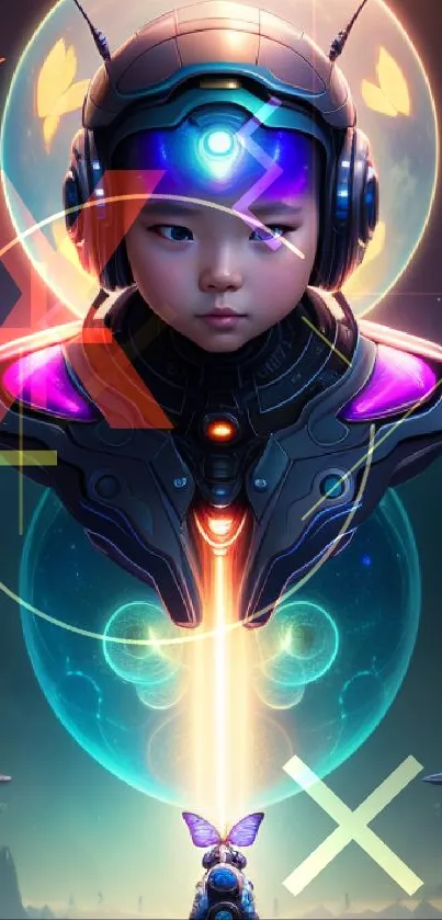 Futuristic alien child with neon glow and cosmic background.