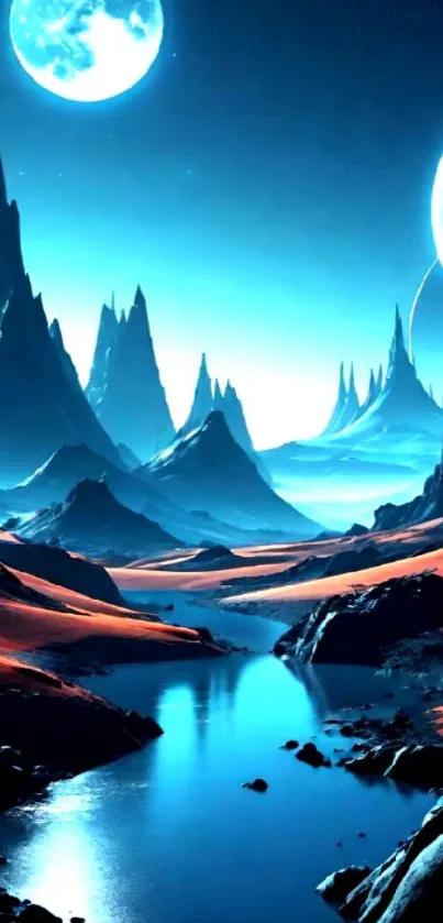 Futuristic alien landscape with twin moons and vibrant colors.