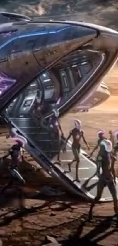 Futuristic alien landscape with spaceship and beings.