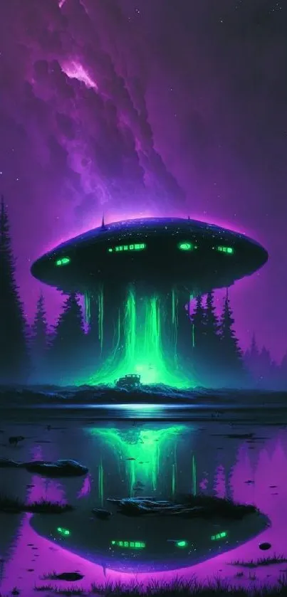 Purple night sky with a glowing UFO in a forest setting.