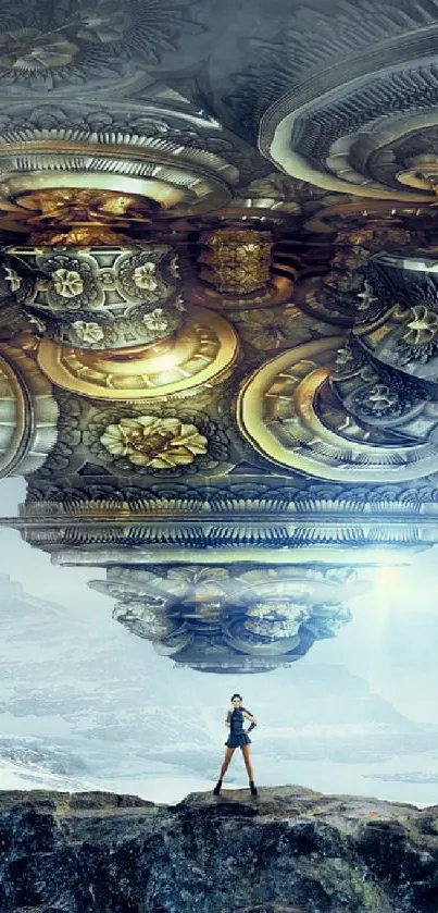 Lone figure under alien skyship in snowy mountains.