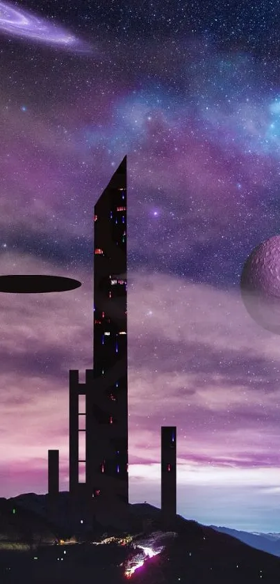 Futuristic alien landscape with planets and galaxies.