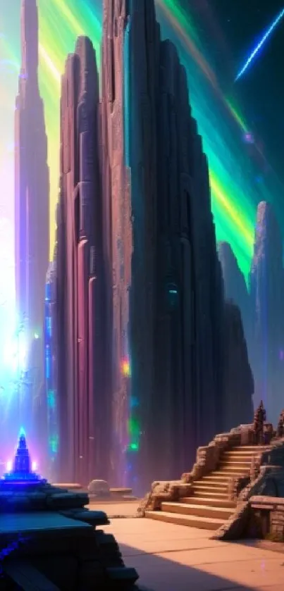 Futuristic landscape with alien towers and aurora sky.