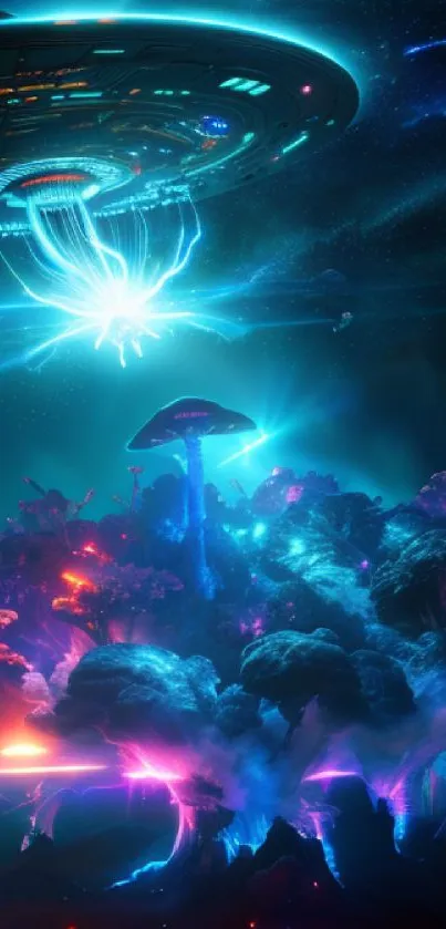 Vibrant alien landscape with neon colors and mysterious spaceship.