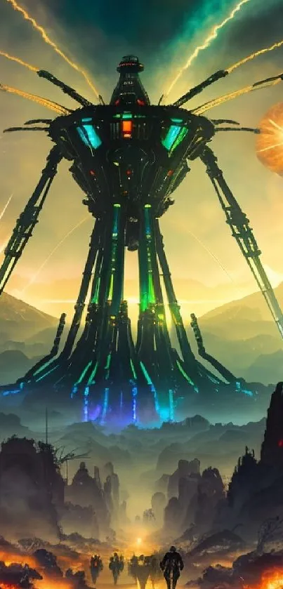 Futuristic alien landscape with glowing lights and towering spaceship structure.