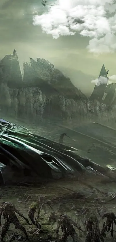 Futuristic alien landscape with towering structures under a moody sky.