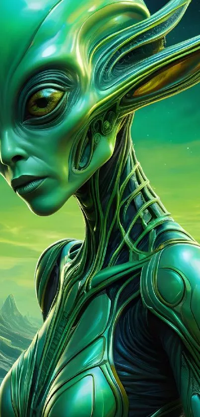 Green alien creature with intricate design in cosmic setting.