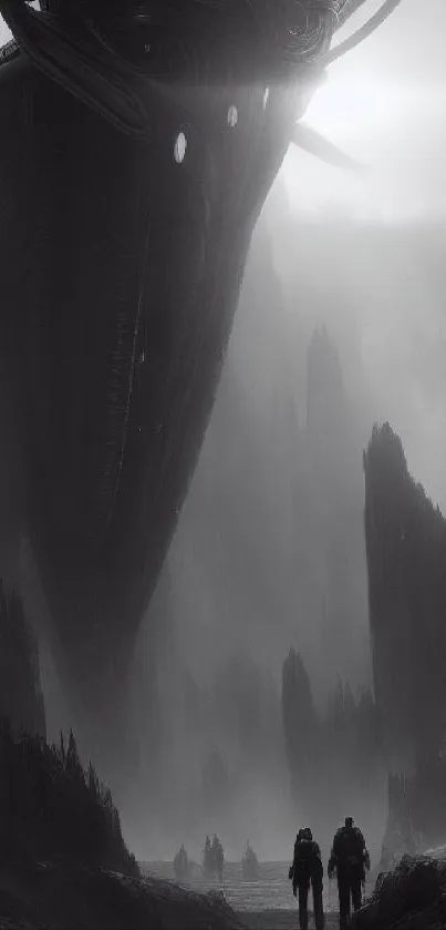 Futuristic alien landscape with misty mountains and looming structures.