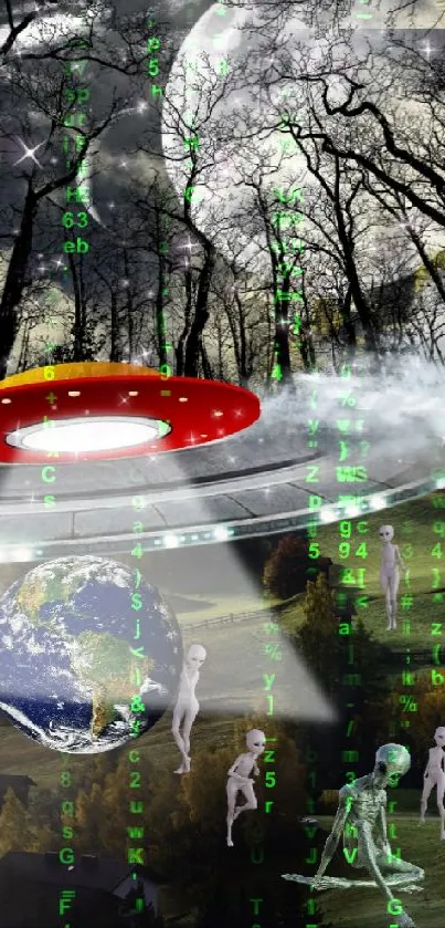 Surreal alien landscape with UFO and mystical forest in a night setting.