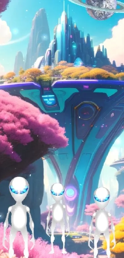 Futuristic alien landscape with vibrant colors and three small aliens.